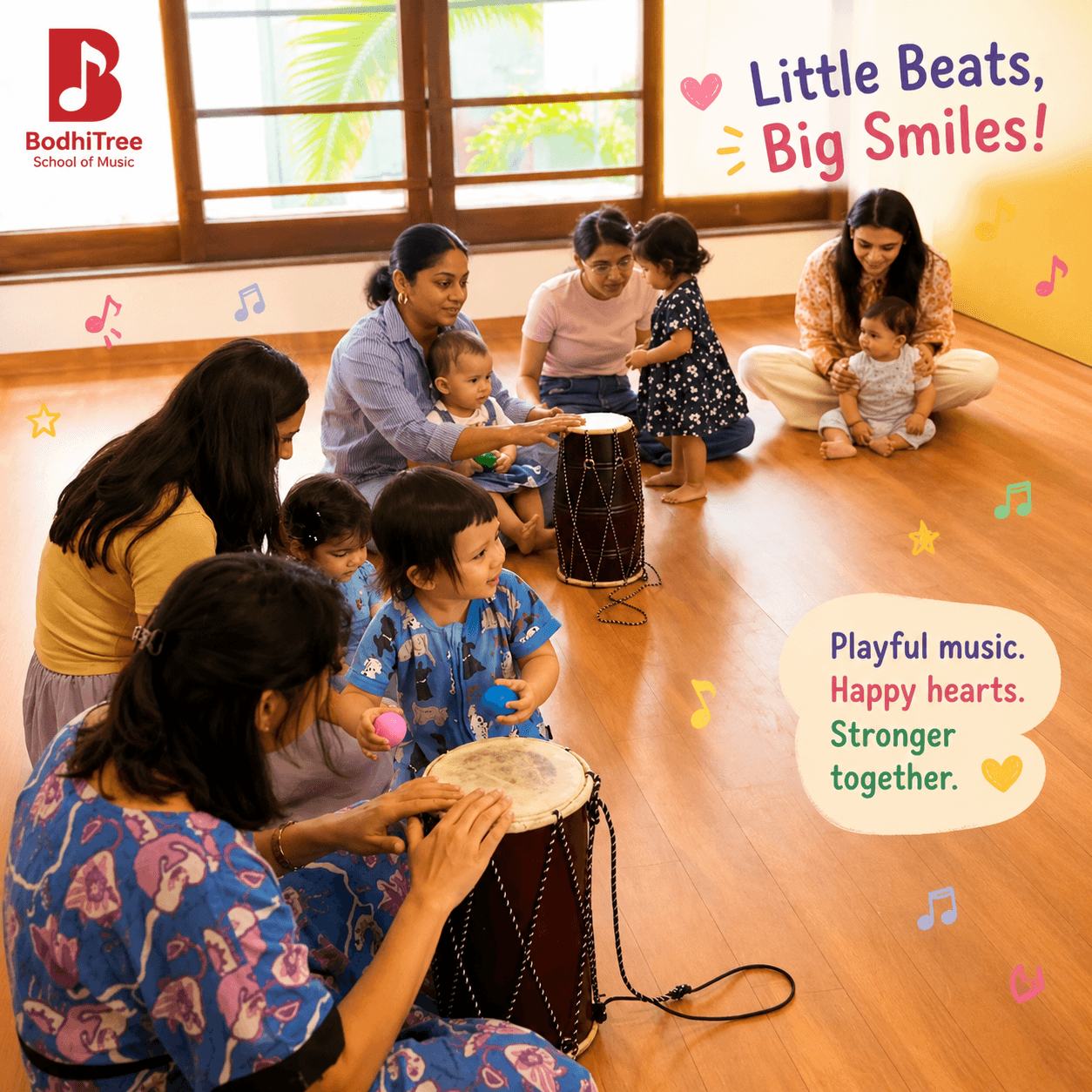 Toddlers playing music together at BodhiTree
